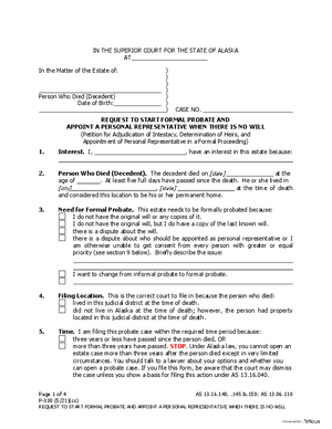 Thumbnail of Alaska Form Request To Start Formal Probate And Appoint A Personal Representative When There Is No Will