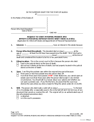 Thumbnail of Alaska Form Request To Start Informal Probate And Appoint A Personal Representative When There       Is A Will