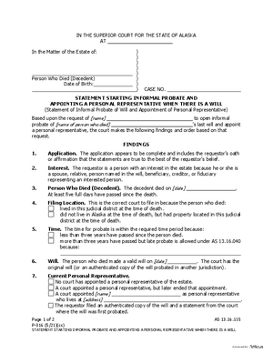 Thumbnail of Alaska Form Statement Starting Informal Probate And Appointing A Personal Representative When There Is A Will