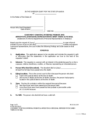 Thumbnail of Alaska Form Statement Starting Informal Probate And Appointing A Personal Representative When There Is No Will
