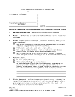 Thumbnail of Alaska Form Sworn Statement Of Personal Representative To Close Informal  Estate
