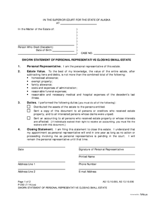 Thumbnail of Alaska Form Sworn Statement Of Personal Representative Closing Small Estate