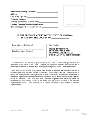 Thumbnail of Arizona Form Form 1 - Order To Personal Representative And Acknowledgment And Information To Heirs/devisees