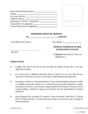 Thumbnail of Arizona Form Form 11 - Probate Information Form For Decedent's Estate