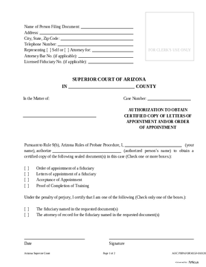 Thumbnail of Arizona Form Form 15 - Authorization To Obtain Certified Copy Of Letters Of Appointment And/or Order Of Appointment