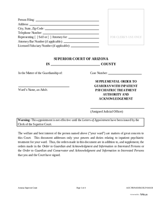 Thumbnail of Arizona Form Form 2sup - Supplemental Order To Guardian With Inpatient Psychiatric Treatment Authority And Acknowledgment
