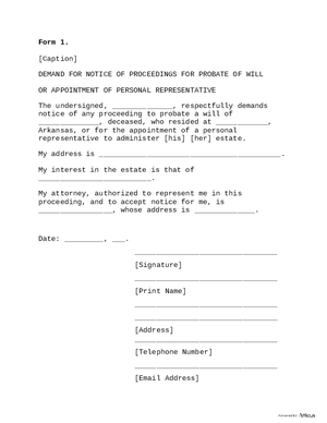 Thumbnail of Arkansas Form Form 1: Demand For Notice Of Proceedings For Probate Of Will Or Appointment Of Personal Representative