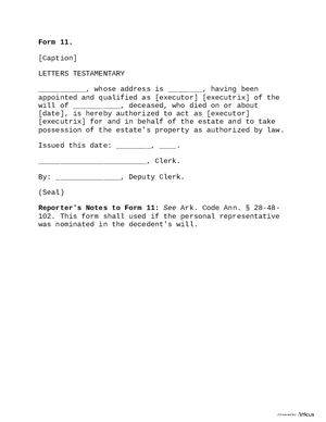 Thumbnail of Arkansas Form Form 11: Letters Testamentary