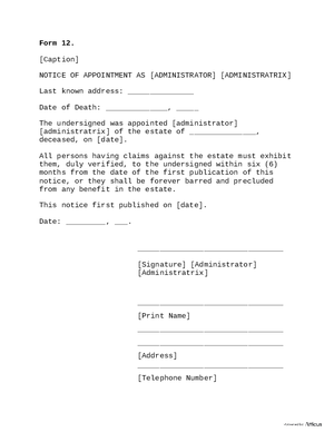 Thumbnail of Arkansas Form Form 12: Notice Of Appointment As [Administrator] [Administratrix]