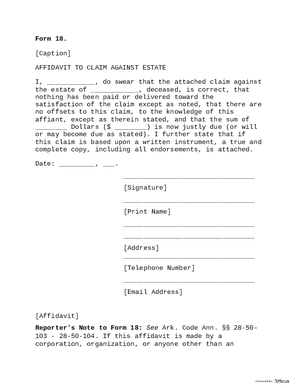 Thumbnail of Arkansas Form Form 18: Affidavit To Claim Against Estate