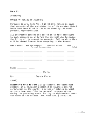 Thumbnail of Arkansas Form Form 21: Notice Of Filing Of Accounts