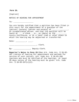 Thumbnail of Arkansas Form Form 25: Notice Of Hearing For Appointment