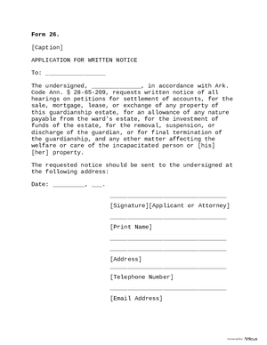 Thumbnail of Arkansas Form Form 26: Application For Written Notice