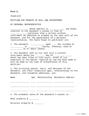 Thumbnail of Arkansas Form Form 3: Petition For Probate Of Will And Appointment Of Personal Representative