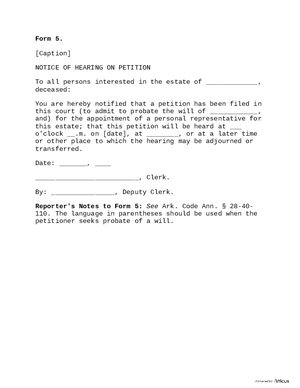 Thumbnail of Arkansas Form Form 5: Notice Of Hearing On Petition