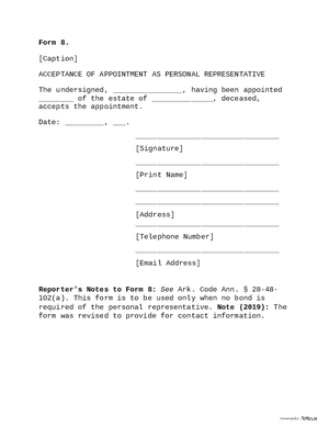 Thumbnail of Arkansas Form Form 8: Acceptance Of Appointment As Personal Representative