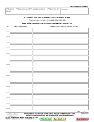 Thumbnail of California Form Attachment To Notice Of Hearing Proof Of Service By Mail