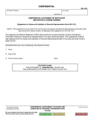 Thumbnail of California Form Confidential Supplement To Duties And Liabilities Of Personal Representative