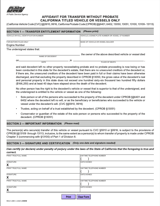 Thumbnail of California Form Dmv - Affidavit For Transfer Without Probate California Titled Vehicle Or Vessels Only