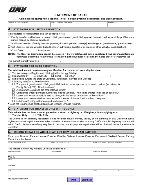 Thumbnail of California Form Dmv - Statement Of Facts