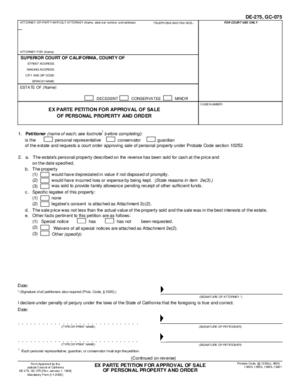 Thumbnail of California Form Ex Parte Petition For Approval Of Sale Of Personal Property And Order