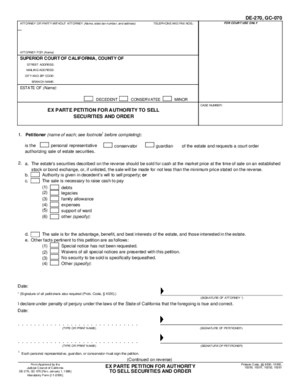 Thumbnail of California Form Ex Parte Petition For Authority To Sell Securities And Order