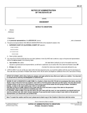 Thumbnail of California Form Notice Of Administration To Creditors