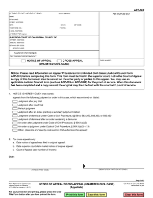 Thumbnail of California Form Notice Of Appeal/cross-appeal (Unlimited Civil Case)