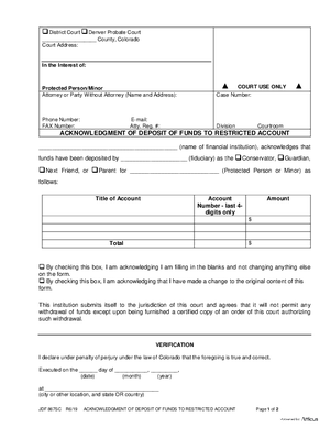 Thumbnail of Colorado Form Acknowledgment Of Deposit Of Funds To Restricted Account
