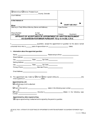 Thumbnail of Colorado Form Affidavit Of Acceptance Of Appointment By Written Instrument As Guardian For Minor