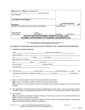 Thumbnail of Colorado Form Application For Informal Probate Of Will And Informal Appointment Of Personal Representative