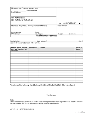 Thumbnail of Colorado Form Certificate Of Service (Probate)