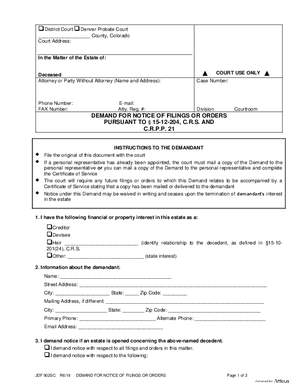 Thumbnail of Colorado Form Demand For Notice Of Filings Or Orders