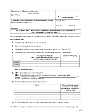 Thumbnail of Colorado Form Judgement And Decree Determining Heirs Or Devisees Or Both