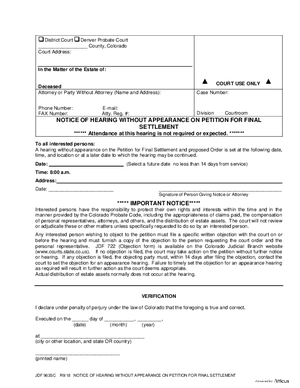 Thumbnail of Colorado Form Notice Of Hearing Without Appearance On Petition For Final Settlement