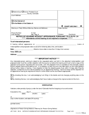 Thumbnail of Colorado Form Notice Of Hearing Without Appearance Pursuant To C.r.p.p. 24