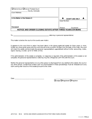 Thumbnail of Colorado Form Notice And Order Closing Estate After Three Years Or More