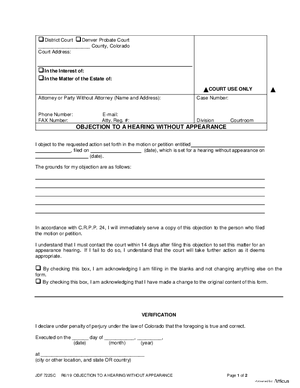 Thumbnail of Colorado Form Objection To Hearing Without Appearance