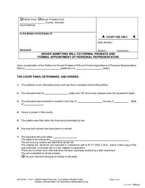 Thumbnail of Colorado Form Order Admitting Will To Formal Probate And Formal Appointment Of Personal Representative
