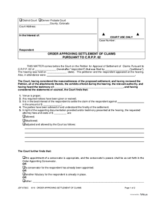 Thumbnail of Colorado Form Order Approving Settlement Of Claims Pursuant To C.r.p.p. 62