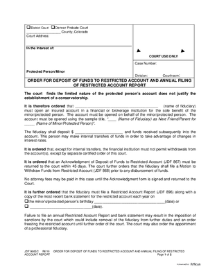 Thumbnail of Colorado Form Order For Deposit Of Funds To Restricted Account And Annual Filing Of Restricted Account Report