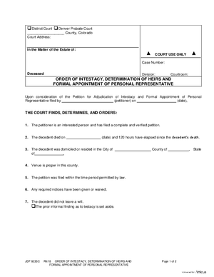 Thumbnail of Colorado Form Order Of Intestacy, Determination Of Heirs And Formal Appointment Of Personal Representative