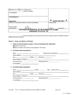 Thumbnail of Colorado Form Petition For Approval Of Settlement Of Claims Pursuant To C.r.p.p. 62