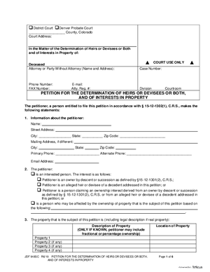 Thumbnail of Colorado Form Petition For The Determination Of Heirs Or Devisees Or Both, And Of Interests Of Property