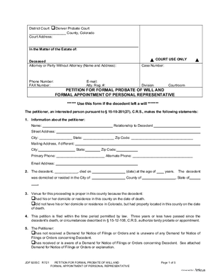 Thumbnail of Colorado Form Petition For Formal Probate Of Will And Formal Appointment Of Personal Representative
