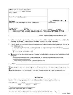 Thumbnail of Colorado Form Renunciation And/or Nomination Of Personal Representative