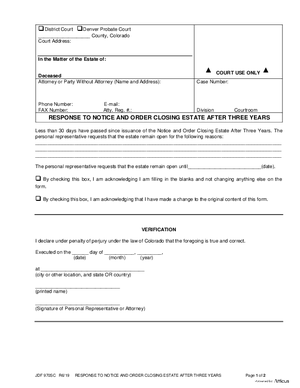 Thumbnail of Colorado Form Response To Notice And Order Closing Estate After Three Years