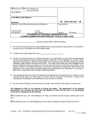Thumbnail of Colorado Form Statement Of Personal Representative Closing Administration