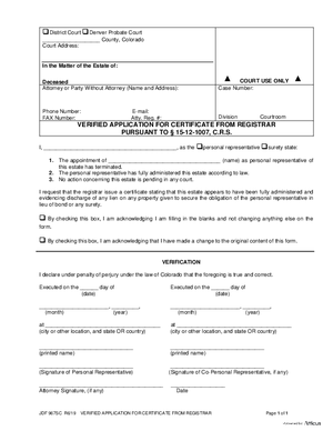 Thumbnail of Colorado Form Verified Application For Certificate From Registrar