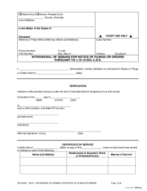 Thumbnail of Colorado Form Withdrawal Of Demand For Notice Of Filings Or Orders